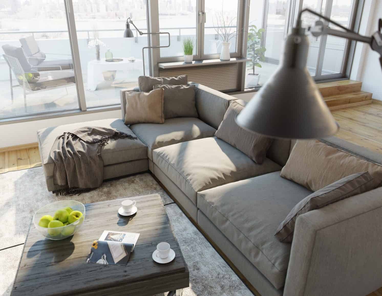 3d render of living room of Vernon Blvd, Astoria, New York. It is an upcoming development by Excel Group.